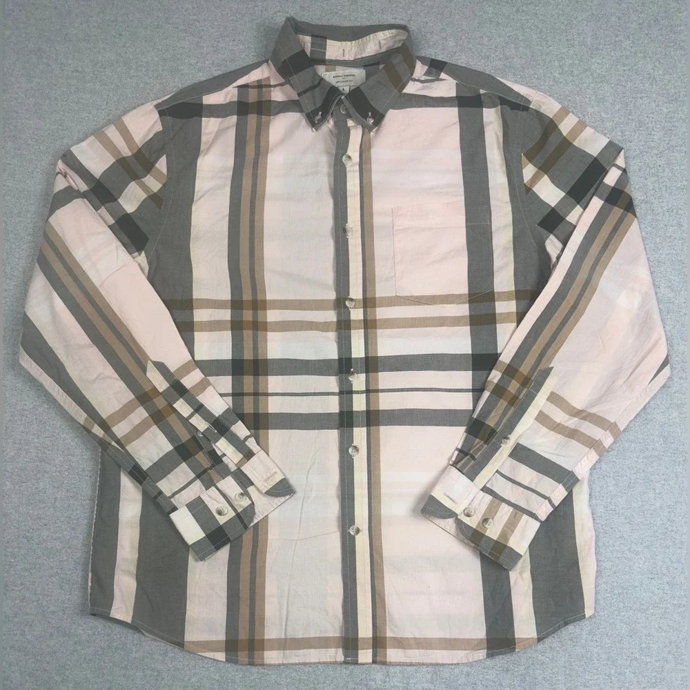 Banana Republic Shirt Mens Large Pink Gray Plaid Untucked Fit Long Sleeve Preppy